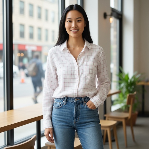 Frank & Eileen Eileen Shirt Small White Windowpane Oversized Button Down Preppy - Picture 1 of 8